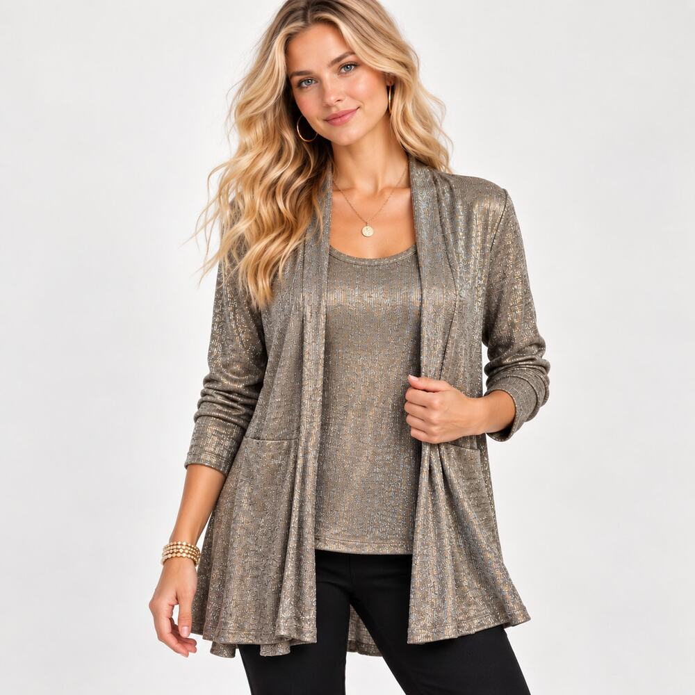Susan Graver Liquid Knit Cardigan Tank Set Women's Size 2X Gold Shimmer NWT
